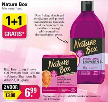 Promoties Energizing shower gel passon fruit + volume shampoo bar almond - Nature Box - Geldig van 19/10/2022 tot 06/11/2022 bij De Online Drogist
