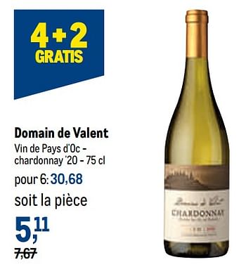 Promotions Domain de valent vin de pays d`oc - chardonnay - Vins blancs - Valide de 02/11/2022 à 15/11/2022 chez Makro