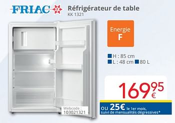 Promotions Friac réfrigérateur de table kk 1321 - Friac - Valide de 01/11/2022 à 13/11/2022 chez Eldi