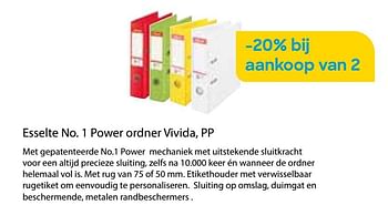Promotions Esselte no. 1 power ordner vivida, pp -20% bij aankoop van 2 - Esselte - Valide de 01/11/2022 à 31/12/2022 chez Ava