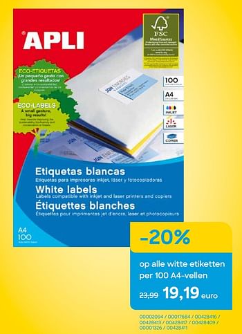 Promotions Op alle witte etiketten per 100 a4-vellen - Apli - Valide de 01/11/2022 à 31/12/2022 chez Ava