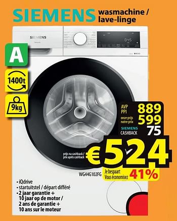 Promotions Siemens wasmachine - lave-linge wg44g102fg - Siemens - Valide de 09/11/2022 à 16/11/2022 chez ElectroStock