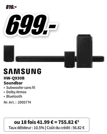 Promotions Samsung hw-q930b soundbar - Samsung - Valide de 07/11/2022 à 13/11/2022 chez Media Markt