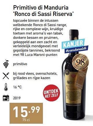 Promoties Primitivo di manduria ronco di sassi riserva - Rode wijnen - Geldig van 07/11/2022 tot 31/12/2022 bij Aldi