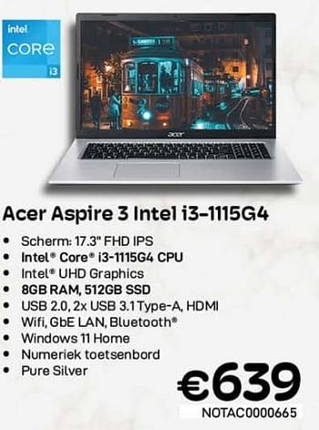 Promotions Acer aspire 3 intel i3-1115g4 - Acer - Valide de 01/11/2022 à 30/11/2022 chez Compudeals