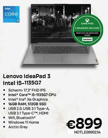 Promoties Lenovo ideapad 3 intel i5-1135g7 - Lenovo - Geldig van 01/11/2022 tot 30/11/2022 bij Compudeals