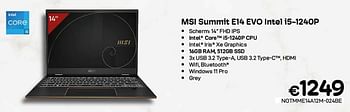 Promoties Msi summit e14 evo intel i5-1240p - MSI - Geldig van 01/11/2022 tot 30/11/2022 bij Compudeals