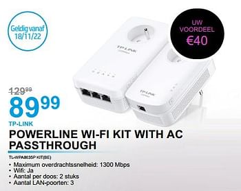 Promoties Tp-link powerline wi-fi kit with ac passthrough tl-wpa8635p kit be - TP-LINK - Geldig van 07/11/2022 tot 25/11/2022 bij Auva