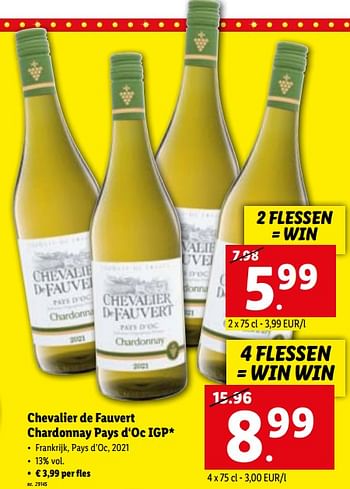 Promoties Chevalier de fauvert chardonnay pays d‘oc igp - Witte wijnen - Geldig van 14/11/2022 tot 19/11/2022 bij Lidl