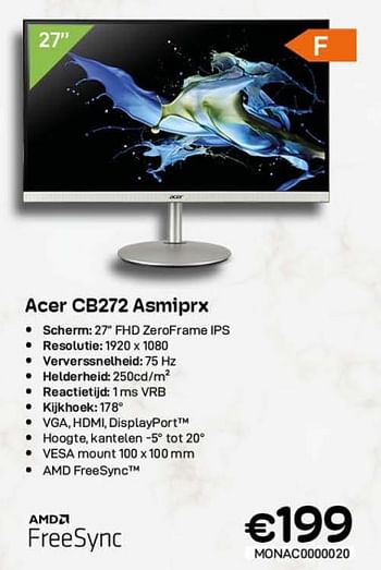 Promoties Acer cb272 asmiprx - Acer - Geldig van 01/11/2022 tot 30/11/2022 bij Compudeals