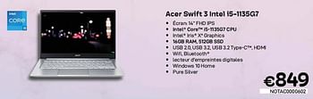 Promotions Acer swift 3 intel i5-1135g7 - Acer - Valide de 01/11/2022 à 30/11/2022 chez Compudeals