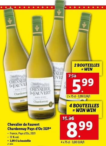 Promotions Chevalier de fauvert chardonnay pays d‘oc igp - Vins blancs - Valide de 14/11/2022 à 19/11/2022 chez Lidl