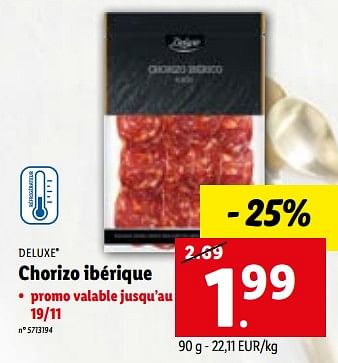 Promotions Chorizo ibérique - Deluxe - Valide de 14/11/2022 à 19/11/2022 chez Lidl
