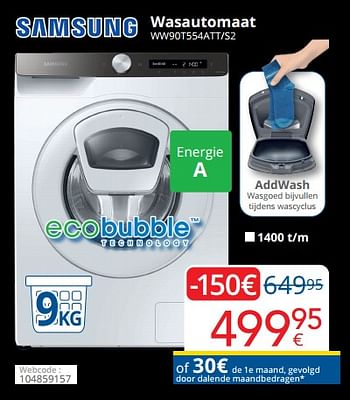Promoties Samsung wasautomaat ww90t554att-s2 - Samsung - Geldig van 14/11/2022 tot 30/11/2022 bij Eldi