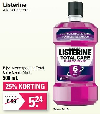 Promoties Mondspoeling total care clean mint - Listerine - Geldig van 09/11/2022 tot 03/12/2022 bij De Online Drogist