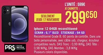 Promotions Apple iphone 12 64gb reconditionné - Apple - Valide de 14/11/2022 à 27/11/2022 chez Géant Casino