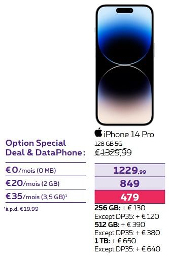Promotions Apple iphone 14 pro 128 gb 5g - Apple - Valide de 02/11/2022 à 31/01/2023 chez Proximus