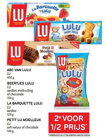 Promoties Abc van lulu lu + beertjes lulu lu + la barquette lulu lu + petit lu moelleux lu 2e voor 1-2 prijs - Lu - Geldig van 16/11/2022 tot 29/11/2022 bij Alvo