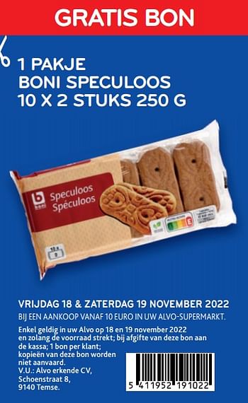 Promoties Gratis bon 1 pakje boni speculoos - Boni - Geldig van 18/11/2022 tot 19/11/2022 bij Alvo