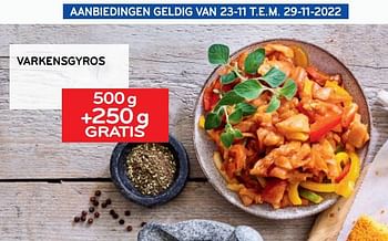 Promoties Varkensgyros 500g +250g gratis - Huismerk - Alvo - Geldig van 23/11/2022 tot 29/11/2022 bij Alvo