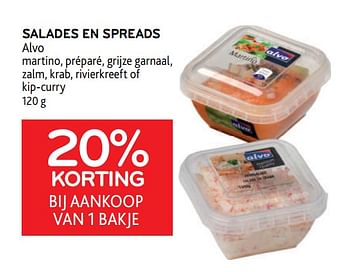 Promoties Salades en spreads alvo 20% korting bij aankoop van 1 bakje - Huismerk - Alvo - Geldig van 16/11/2022 tot 29/11/2022 bij Alvo