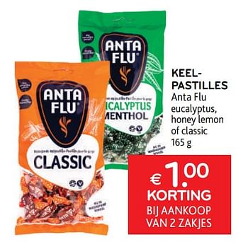 Promoties Keelpastilles anta flu € 1.00 korting bij aankoop van 2 zakjes - Anta Flu - Geldig van 16/11/2022 tot 29/11/2022 bij Alvo