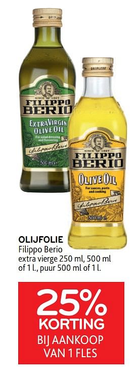 Promoties Olijfolie filippo berio 25% korting bij aankoop van 1 fles - Filippo Berio - Geldig van 16/11/2022 tot 29/11/2022 bij Alvo