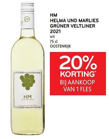 Promoties Hm helma und marlies grüner veltliner 2021 wit 20% korting bij aankoop van 1 fles - Witte wijnen - Geldig van 16/11/2022 tot 29/11/2022 bij Alvo