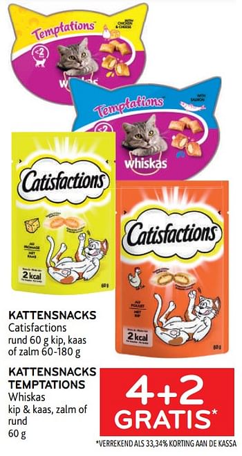 Promoties Kattensnacks catisfactions + kattensnacks temptations whiskas 4+2 gratis - Huismerk - Alvo - Geldig van 16/11/2022 tot 29/11/2022 bij Alvo