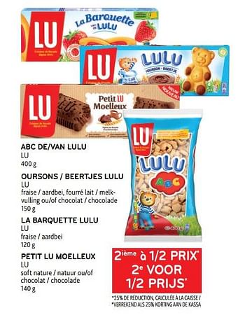 Promotions Abc de lu + oursons lu + la barquette lulu lu + petit lu moelleux lu 2ième à 1-2 prix - Lu - Valide de 16/11/2022 à 29/11/2022 chez Alvo