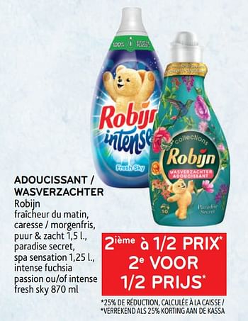 Promotions Adoucissant robijn 2ième à 1-2 prix - Robijn - Valide de 16/11/2022 à 29/11/2022 chez Alvo
