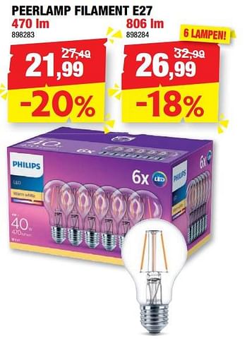 Promoties Peerlamp filament e27 - Philips - Geldig van 16/11/2022 tot 20/11/2022 bij Hubo
