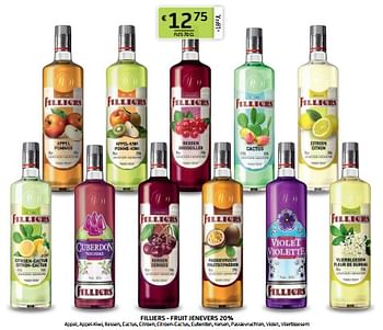 Promoties Filliers - fruit jenevers 20% appel, appel-kiwi, bessen, cactus, citroen, citroen-cactus, cuberdon, kersen, passievruchten, violet, vlierbloesem - Filliers - Geldig van 18/11/2022 tot 01/12/2022 bij BelBev