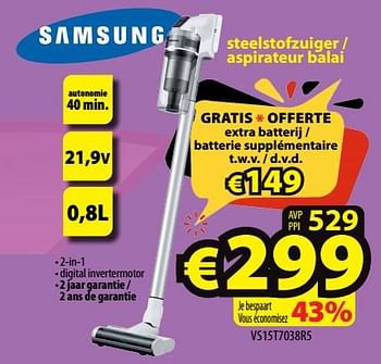 Promoties Samsung steelstofzuiger - aspirateur balai vs15t7038r5 - Samsung - Geldig van 16/11/2022 tot 23/11/2022 bij ElectroStock