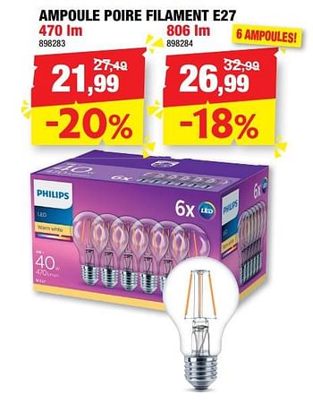 Promotions Philips ampoule poire filament e27 - Philips - Valide de 16/11/2022 à 20/11/2022 chez Hubo