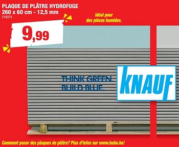 Promotions Plaque de plâtre hydrofuge - Knauf - Valide de 16/11/2022 à 20/11/2022 chez Hubo