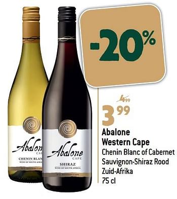 Promotions Abalone western cape chenin blanc of cabernet sauvignon-shiraz rood zuid-afrika - Vins rouges - Valide de 16/11/2022 à 03/01/2023 chez Louis Delhaize