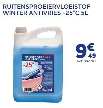 Promotions Ruitensproeiervloeistof winter antivries -25°c - Produit maison - Auto 5  - Valide de 16/11/2022 à 03/01/2023 chez Auto 5