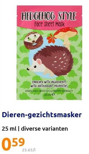Promoties Dieren-gezichtsmasker - Huismerk - Action - Geldig van 16/11/2022 tot 22/11/2022 bij Action