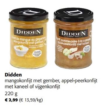 Promoties Didden mangokonfijt met gember, appel-peerkonfijt met kaneel of vijgenkonfijt - Didden - Geldig van 16/11/2022 tot 29/11/2022 bij Colruyt