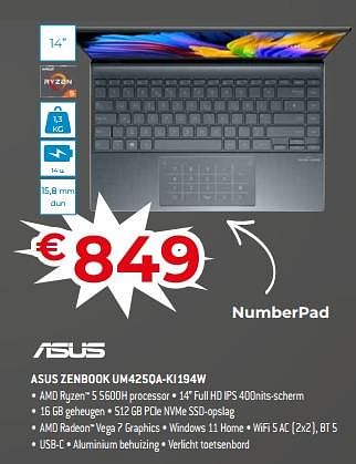 Promoties Asus zenbook um425qa-ki194w - Asus - Geldig van 18/11/2022 tot 28/11/2022 bij Exellent