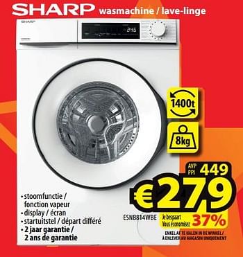 Promotions Sharp wasmachine - lave-linge esnb814wbe - Sharp - Valide de 23/11/2022 à 30/11/2022 chez ElectroStock