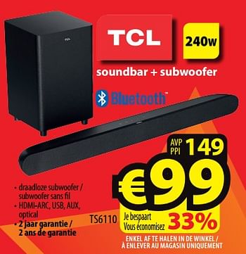 Promoties Tcl soundbar + subwoofer ts6110 - TCL - Geldig van 23/11/2022 tot 30/11/2022 bij ElectroStock