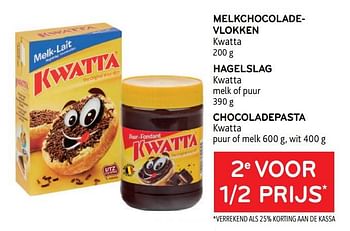 Promoties Melkchocoladevlokken kwatta + hagelslag kwatta + chocoladepasta kwatta 2e voor 1-2 prijs - Kwatta - Geldig van 30/11/2022 tot 13/12/2022 bij Alvo