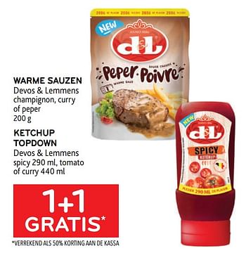 Promoties Warme sauzen devos + lemmens + ketchup topdown devos + lemmens 1+1 gratis - Devos Lemmens - Geldig van 30/11/2022 tot 13/12/2022 bij Alvo