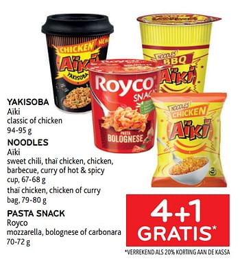 Promoties Yakisoba aïki + noodles aïki + pasta snack royco 4+1 gratis - Huismerk - Alvo - Geldig van 30/11/2022 tot 13/12/2022 bij Alvo