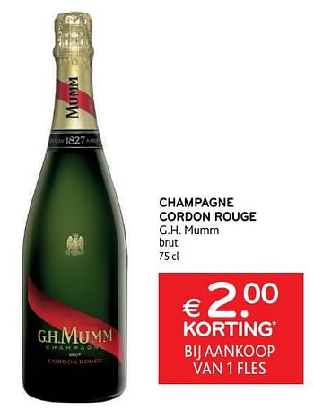 Promotions Champagne cordon rouge g.h. mumm brut € 2.00 korting bij aankoop van 1 fles - Mumm - Valide de 30/11/2022 à 13/12/2022 chez Alvo