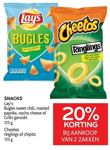 Promoties Snacks lay’s + cheetos 20% korting bij aankoop van 2 zakken - Huismerk - Alvo - Geldig van 30/11/2022 tot 13/12/2022 bij Alvo