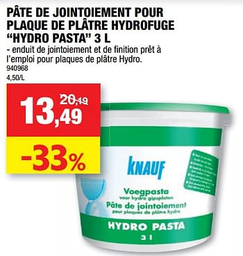 Promotions Pâte de jointoiement pour plaque de plâtre hydrofuge hydro pasta - Knauf - Valide de 23/11/2022 à 04/12/2022 chez Hubo