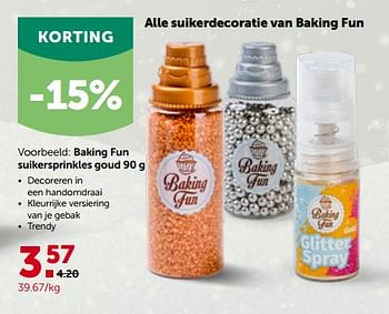 Promotions Baking fun suikersprinkles goud - Baking Fun - Valide de 28/11/2022 à 10/12/2022 chez Aveve